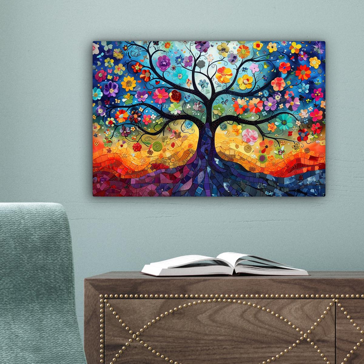 LEINWANDBILD Kunst - Baum des Lebens - Blumen - Hippie Deko Schlafzimmer 30x20 cm - Dunkelblau, Textil (30/20cm) - MuchoWow