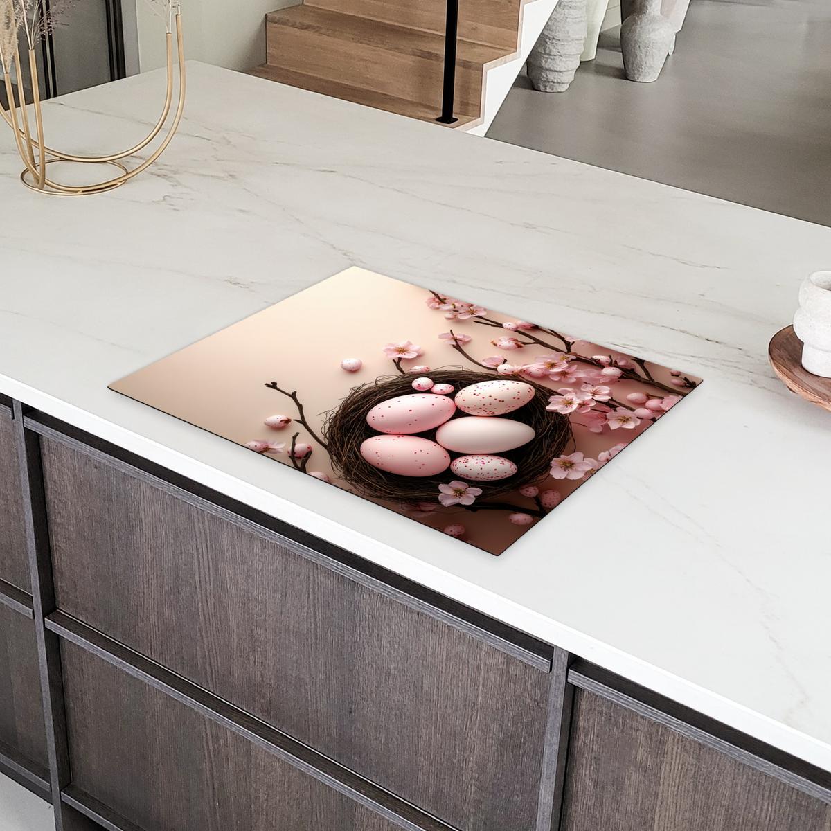 HERDABDECKPLATTE Rosa - Blüten - Eier Induktionsmatte 71x52 cm - Hellrosa, Kunststoff (71/52/0.2cm) - MuchoWow
