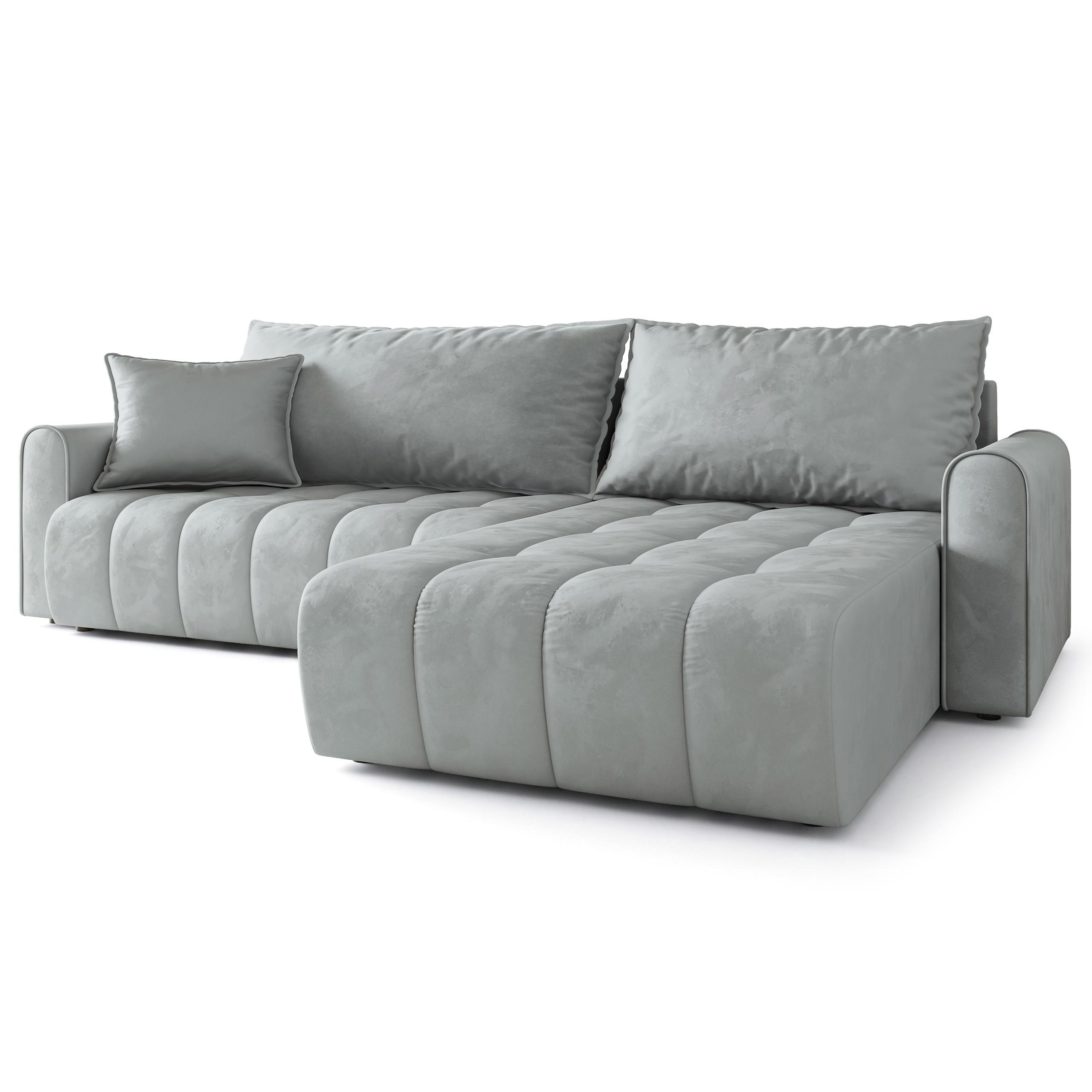 ECKSOFA FRIGA Hellgrau Velours-Stoff mit Schlaffunktion - Hellgrau, Holz (283/185cm) - MASSENO