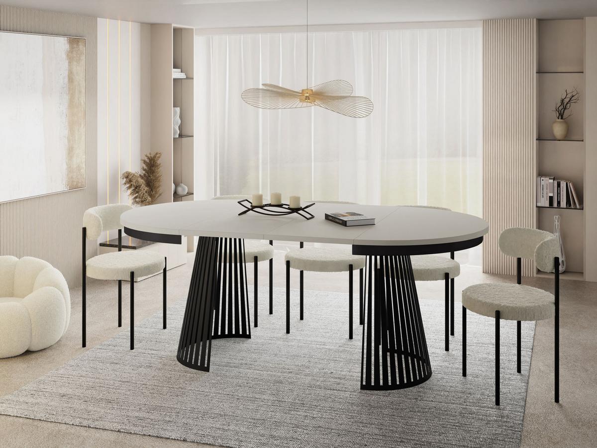 ESSTISCH Naro rund ausziehbar mit Schwarzem Lamellen-Metallgestell, Beige Cashmere 120-200/120/76 cm - Kaschmir/Beige, Holzwerkstoff/Metall (120/196/76cm) - WFL GROUP