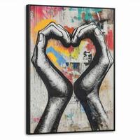LEINWAND Bilder mit Rahmen - Hände - Herz - Straßenkunst - Graffiti - 70x100 - Multicolor, Textil (70/100cm) - MuchoWow