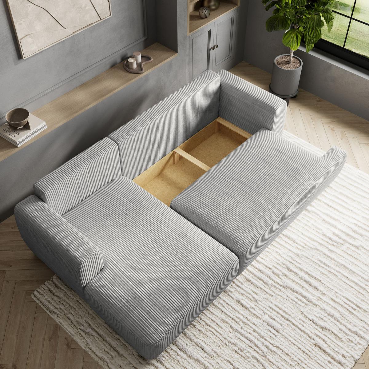 ECKSOFA SENTI P L-S Hellgrau Kordstoff mit Schlaffunktion - Hellgrau/Schwarz, Holz/Kunststoff (246/148cm) - MASSENO