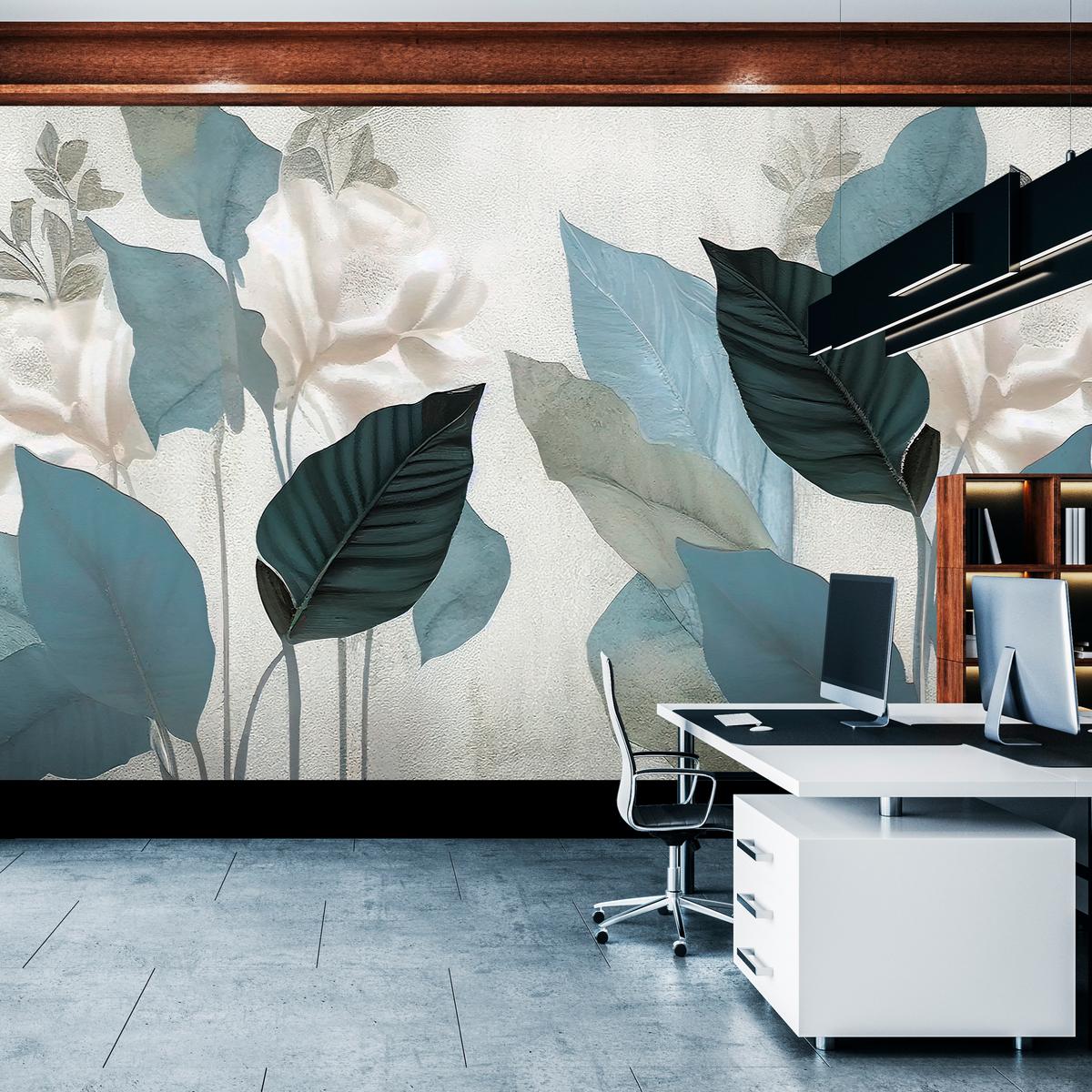 FOTOTAPETE für Wohnzimmer Blaue Blätter Beton Vintage Minimalistisch 450x315 - Grau, Papier (450/315cm) - Muralo