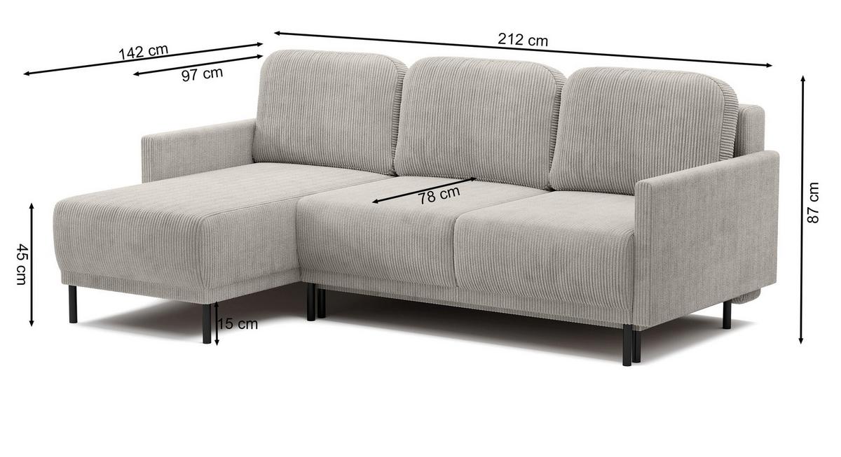 ECKSOFA Hamiel Hellgrau Cordbezug - Hellgrau/Schwarz, Holz/Textil (212/142cm) - Selsey