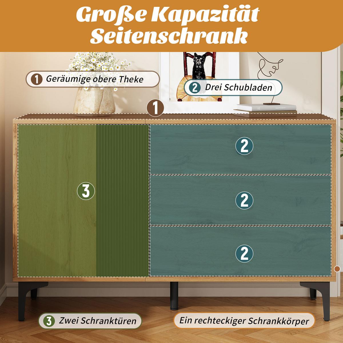 SIDEBOARD 120 cm Naturholz & Schwarz mit Tür, 3 Schubladen & Metallbeinen im skandinavischen Stil - Naturfarben, Holzwerkstoff (120/76/35cm) - Urban Meuble