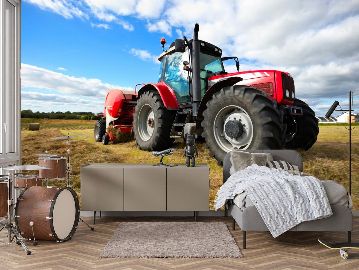 FOTOTAPETE Roter Traktor Feld Ernte Landwirtschaft Rustikal 200x140 - Gelb/Rot, Papier (200/140cm) - Muralo