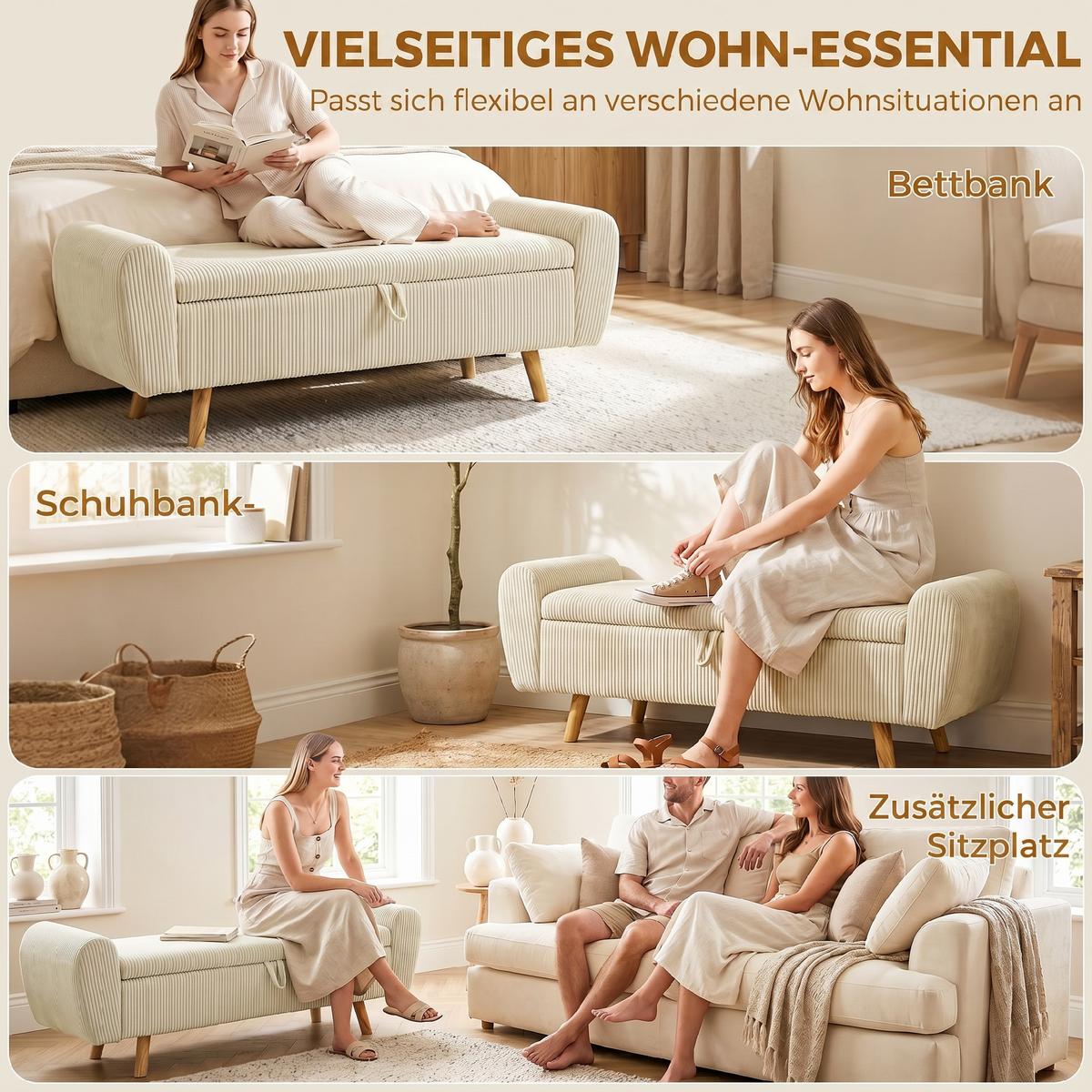 TRUHENBANK Polyester Gummibaumholz Beige - Beige, Holz/Textil (45/51/150cm) - HOMCOM