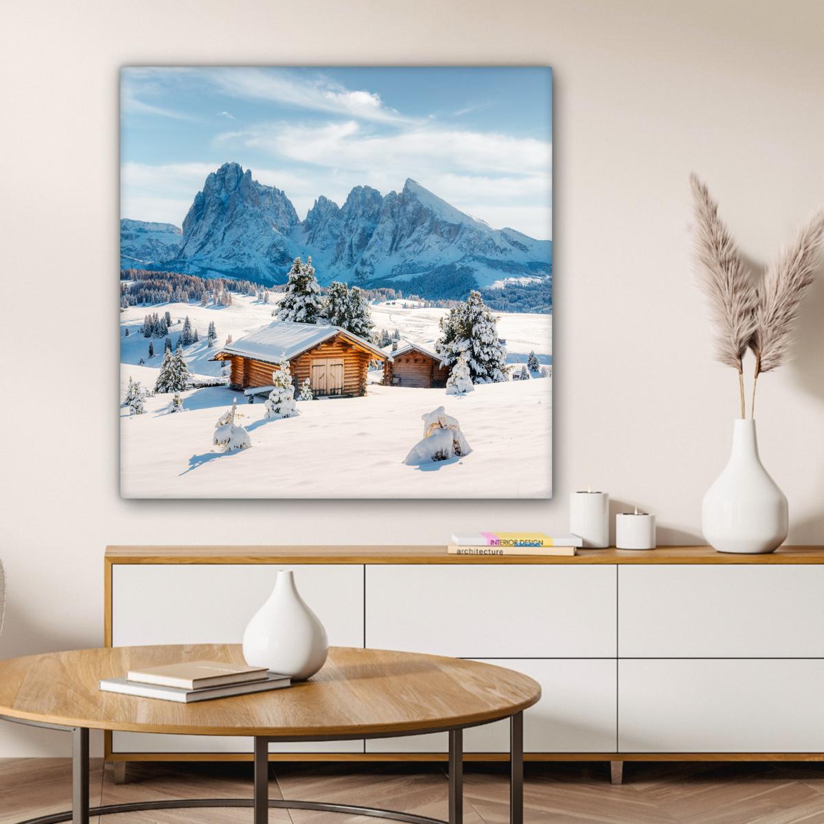 LEINWANDBILD Winter - Hütte - Berge - Aussicht - Schnee Deko Groß 90x90 cm - Eichefarben, Textil (90/90cm) - MuchoWow