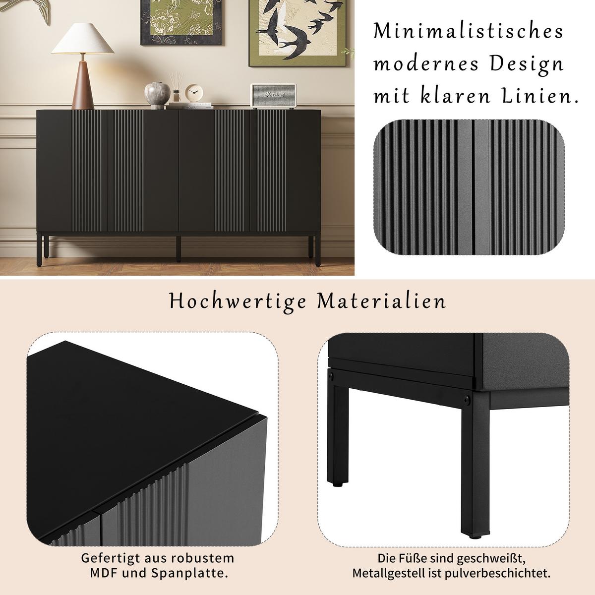 SIDEBOARD 145 cm Schwarz mit 4 Türen & verstellbaren Einlegeböden im modernen Stil - Schwarz, Holzwerkstoff (145/80/41.5cm) - Urban Meuble