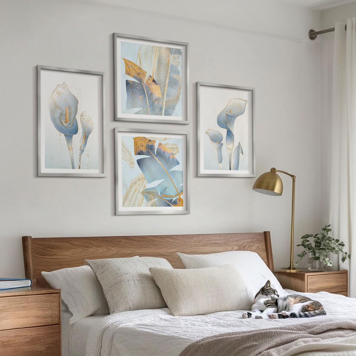 BILDER SET 4er Set - 50x50 cm & 40x60 cm Silberner Rahmen - Blaue Blumen im Hintergrund - Silberfarben, Kunststoff (50/50cm) - TULUP
