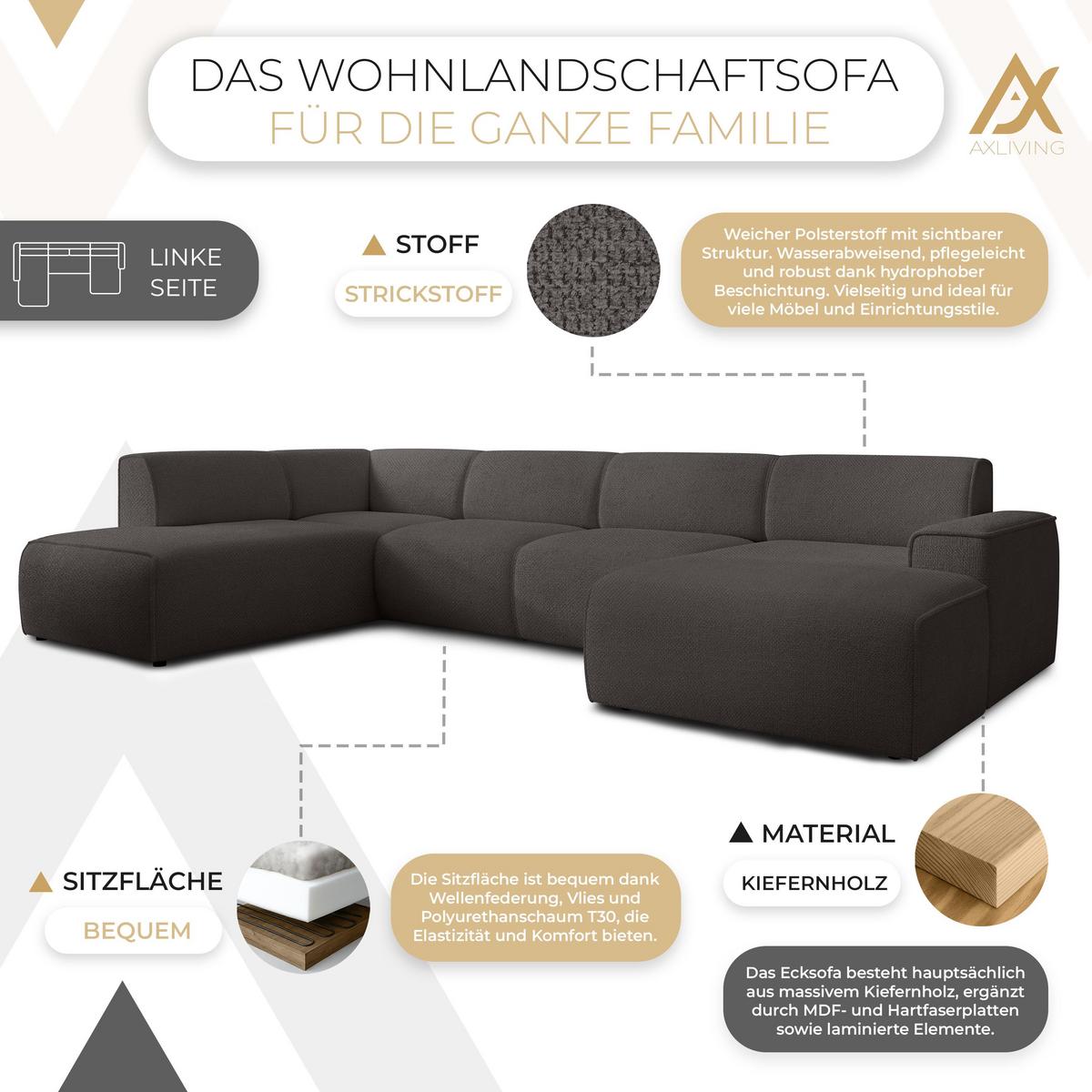 WOHNLANDSCHAFT Didim Grau 378/220/78 cm – großes Sofa stilvoll & bequem L - Schwarz/Grau, Kunststoff/Textil (220/78/378cm) - AX Living