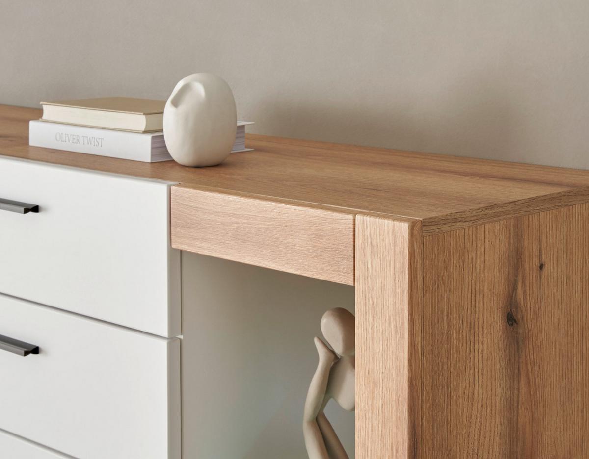 HIGHBOARD weiß matt, Evoke Eiche, Kommode 141 x 139 cm - Eichefarben/Silberfarben, Glas/Holzwerkstoff (141/139/37cm) - Furn.Design