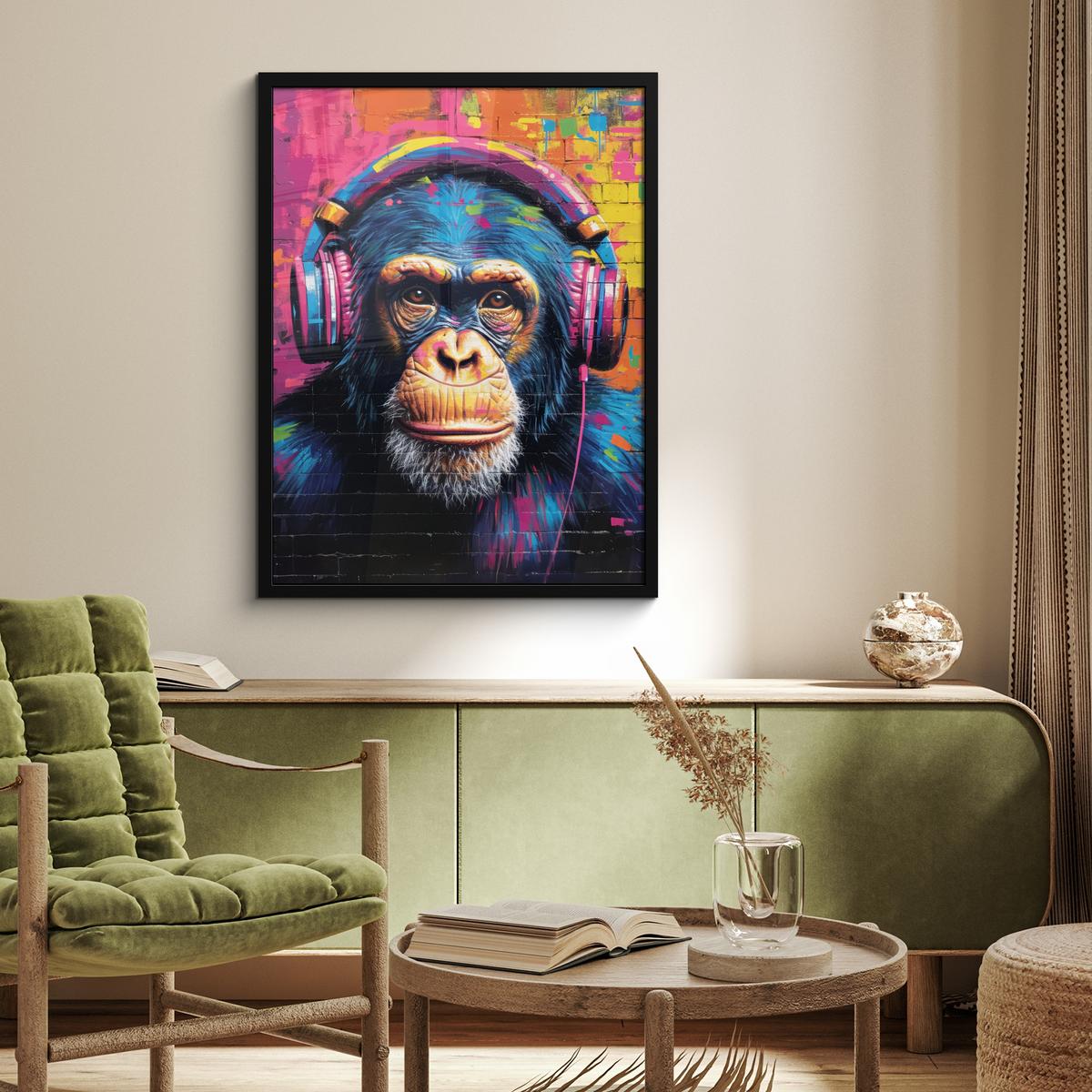 POSTER MIT RAHMEN Graffiti - Schimpanse - Straßenkunst - Kopfhörer - Affe Posterleiste 60x80 cm - Blau, Papier (60/80cm) - MuchoWow