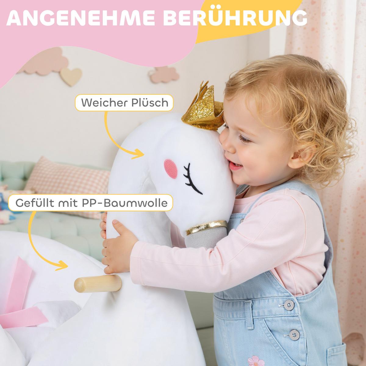 SCHAUKELTIER, Schwan-Schaukel mit Schlaflied weicher Füllung Holzrahmen Plüsch - Weiß, Textil (40/68/65cm) - AIYAPLAY