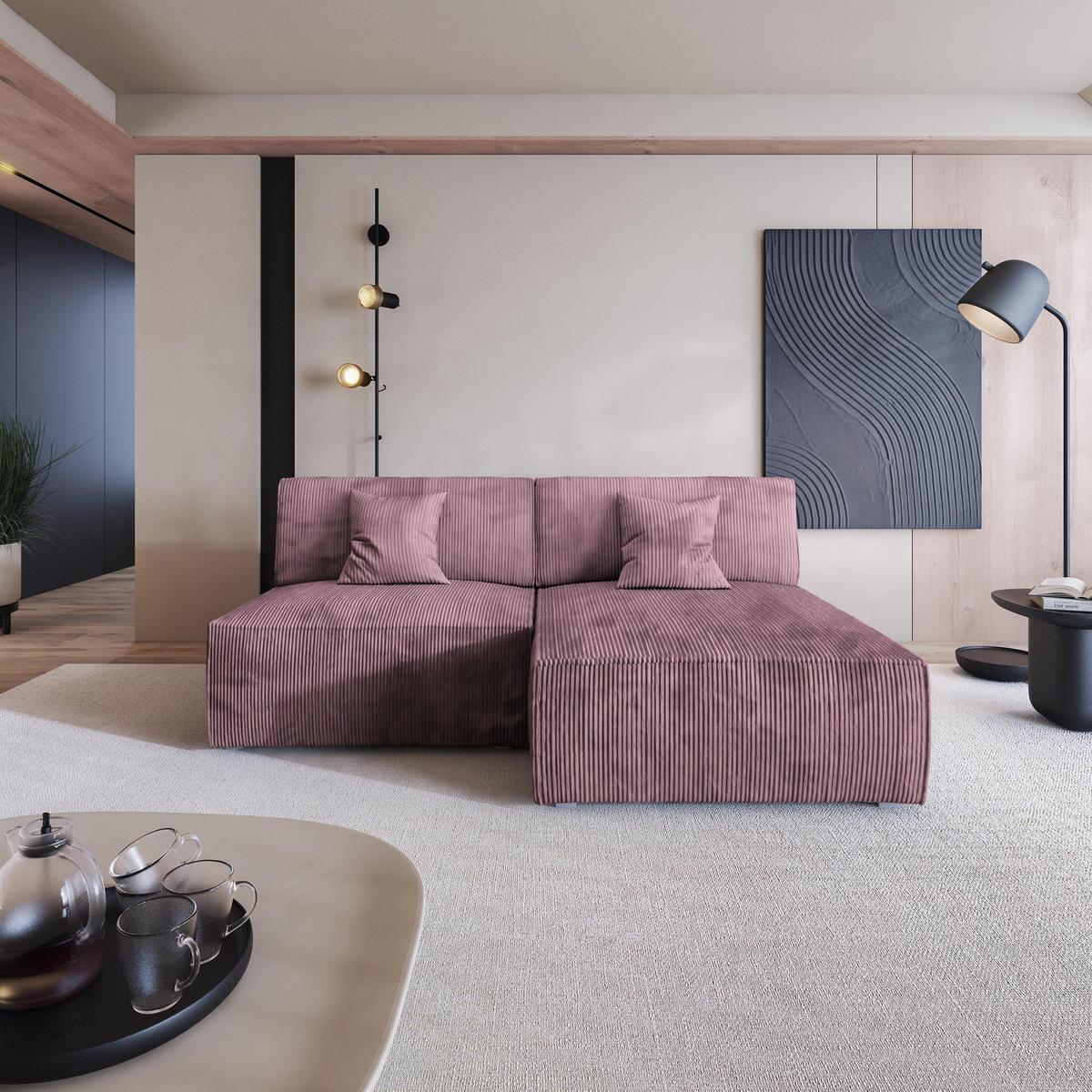 ECKSOFA FIORO P Lila Kordstoff mit Schlaffunktion - Lila/Grau, Holz/Kunststoff (204/148cm) - MASSENO