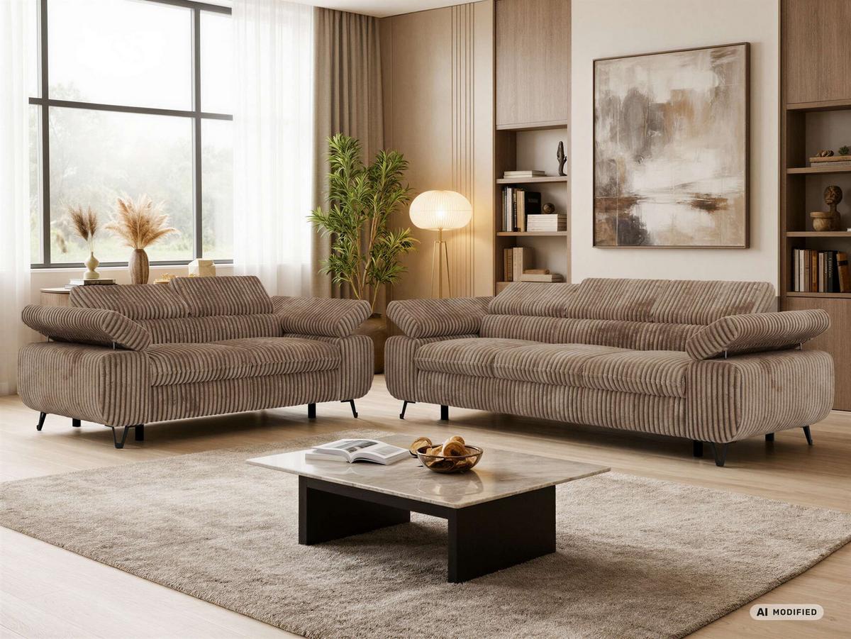 SITZGARNITUR PETER 2+3 - Braun Cord - Schwarz/Braun, Textil/Metall (262/76/99cm) - MKS