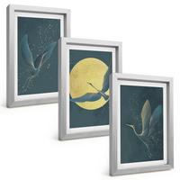 BILDER SET 3er Set - 20x30 cm Silberner Rahmen - Kraniche im Flug bei Nacht - Silberfarben, Kunststoff (20/30cm) - TULUP