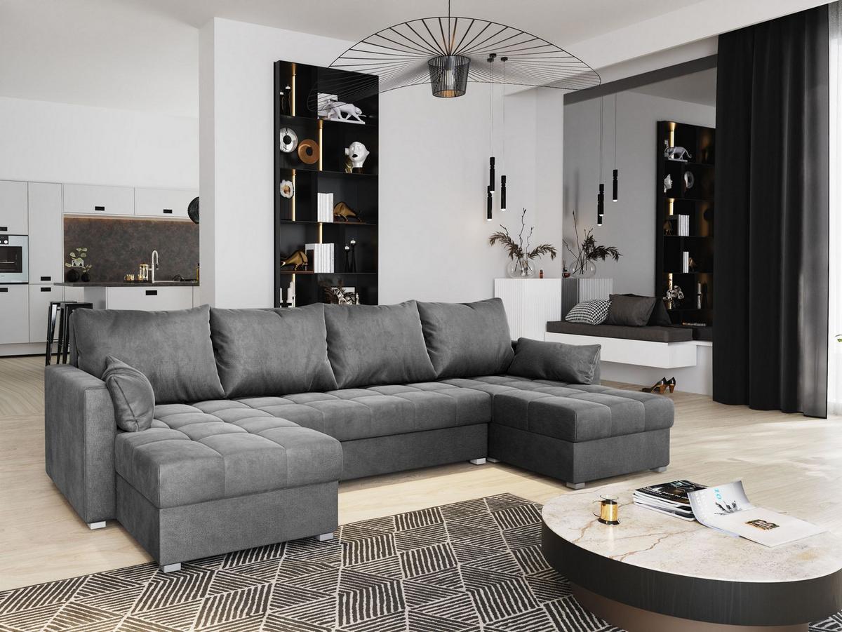 WOHNLANDSCHAFT NAKO M Grau Velours-Stoff mit Schlaffunktion - Grau, Holz/Kunststoff (285/85/140cm) - MASSENO