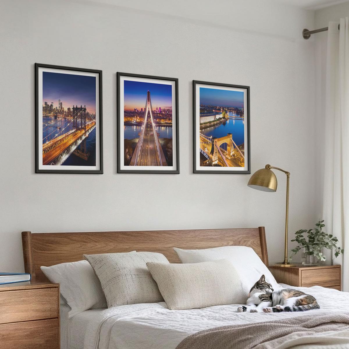 BILDER SET 3er Set - 40x60 cm Schwarzer Rahmen - Städte bei Nacht, Brücken, Flüsse - Schwarz, Kunststoff (40/60cm) - TULUP