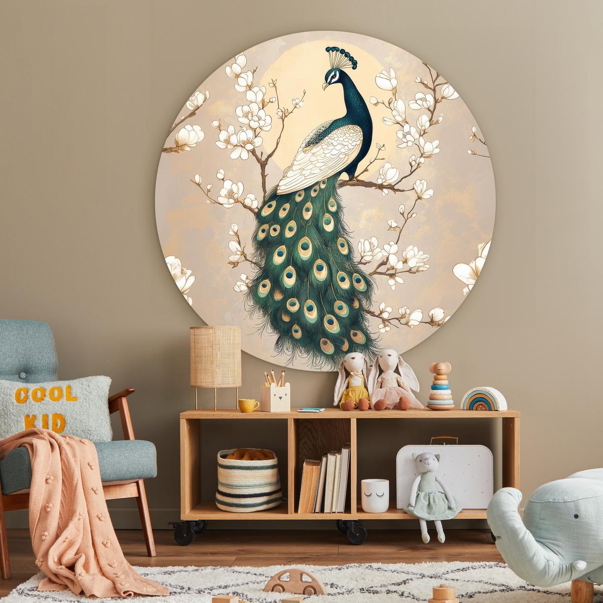 WANDBILD Pfau - Zweig - Blumen Wandbild 120x120 cm - Champagner, Kunststoff (120/120cm) - MuchoWow