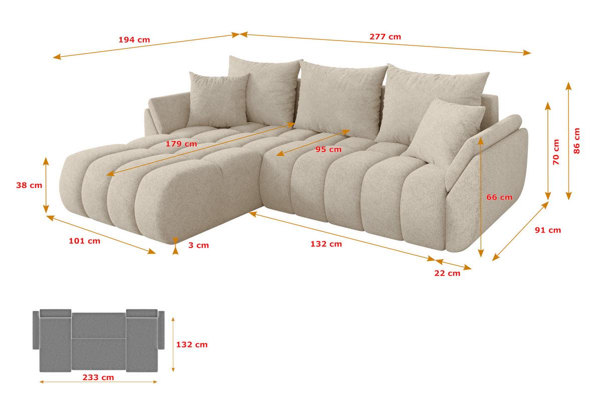 ECKSOFA mit Schlaffunktion Ottomane Links TOKO-L-v1 277x194x86 Creme Velours - Creme/Schwarz, Holzwerkstoff/Kunststoff (277/194cm) - ALTDECOR