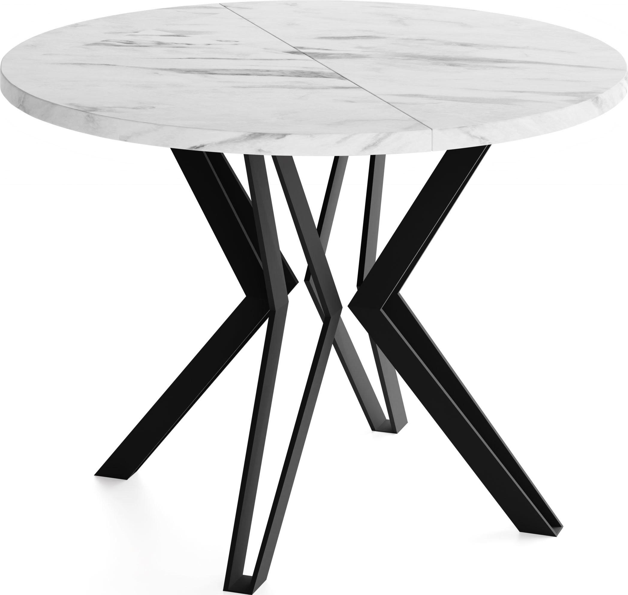ESSTISCH Revena runder ausziehbarer, Marmor Weiß 120-200/120/76 cm - Ecru/Schwarz, Holzwerkstoff/Metall (120/200/76cm) - WFL GROUP
