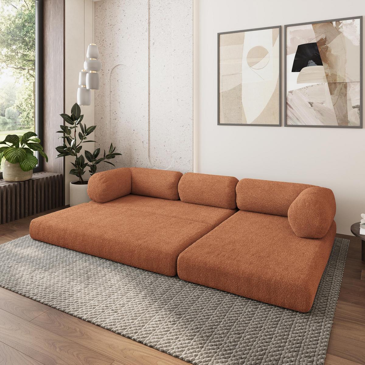 ECKSOFA KELI modulares Boneless Sofa mit Schlaffunktion Orange Boucle-Stoff - Orange, Textil (270/160cm) - MASSENO