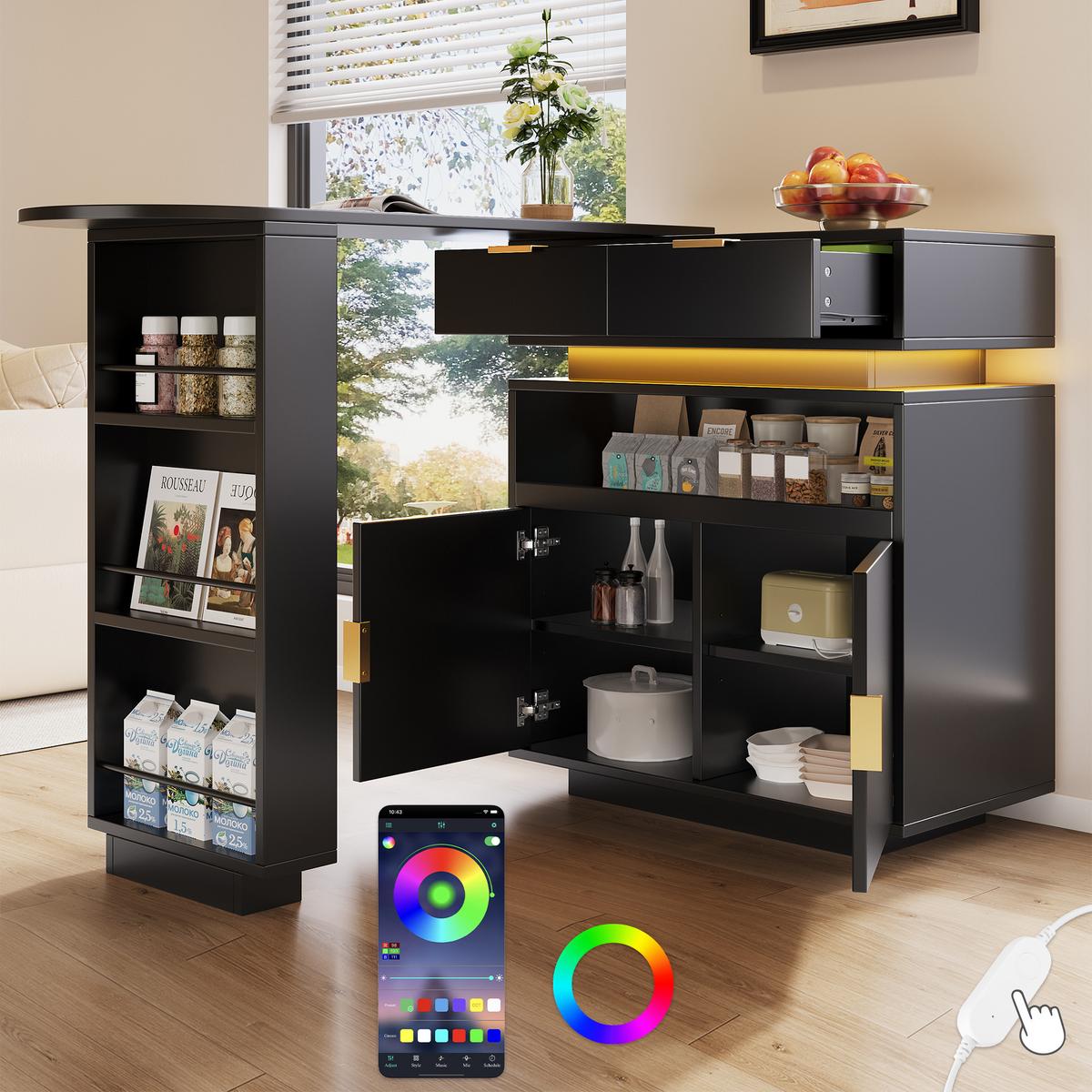 BARTISCH mit küchenbuffet in schwarz, 360° drehbar & led-beleuchtung - Schwarz, Holzwerkstoff (40/183/90cm) - Urban Meuble