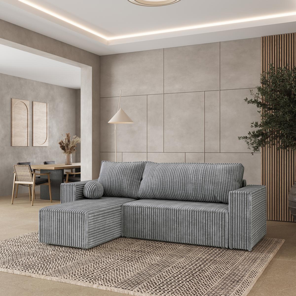 ECKSOFA RAVELO T Hellgrau Kordstoff mit Schlaffunktion - Hellgrau/Grau, Holz/Kunststoff (240/140cm) - MASSENO