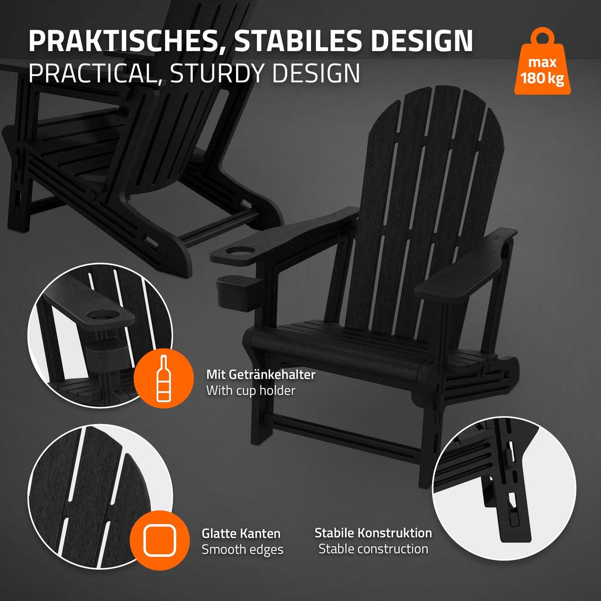 ADIRONDACK LOUNGESTUHL mit Getränkehalter Schwarz aus Kunststoff - Schwarz, Kunststoff (54.5/91/76cm) - ML-DESIGN