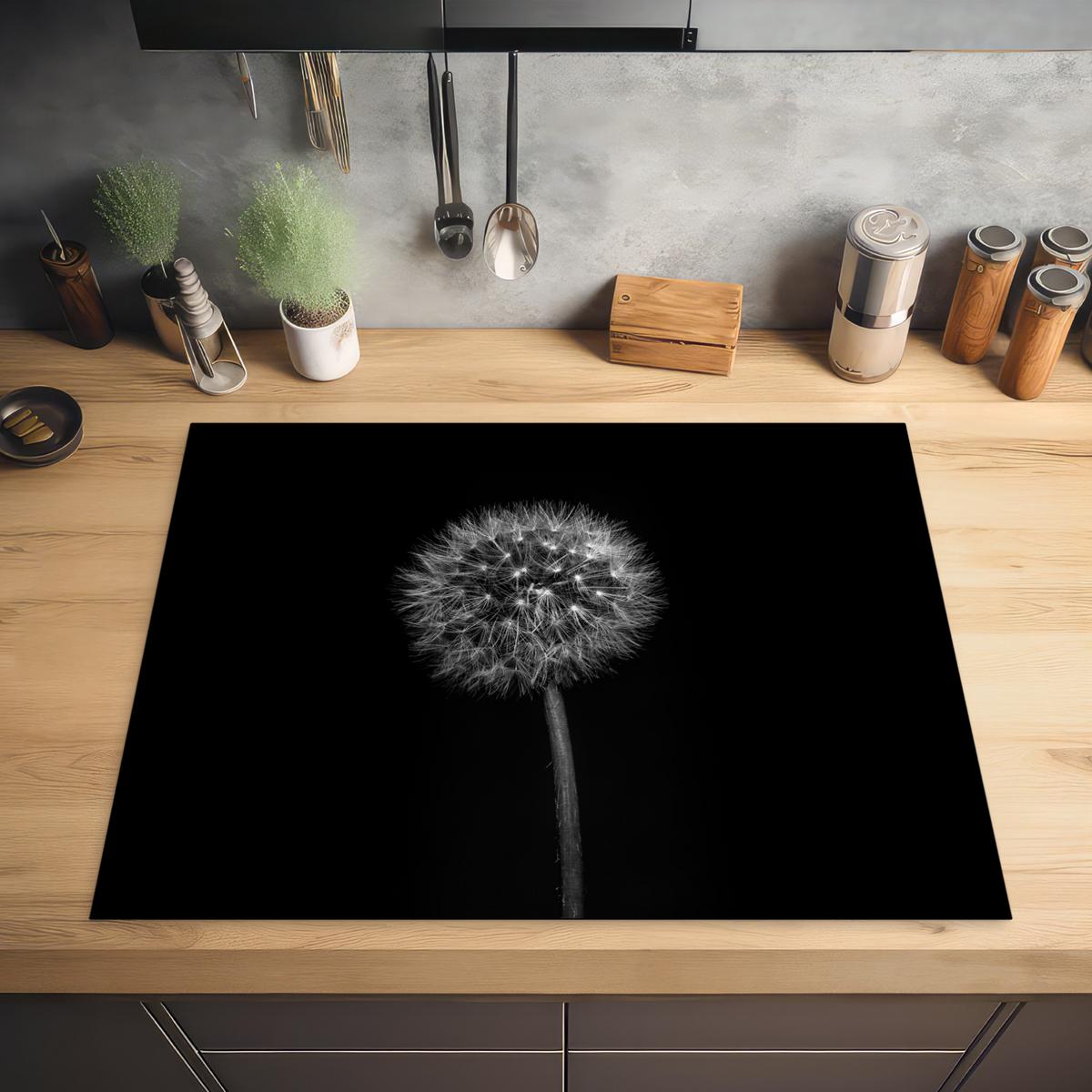 HERDABDECKPLATTE Löwenzahn - Schwarz - Floral - Botanisch Induktionsmatte 77x59 cm - Grau, Kunststoff (77/59/0.2cm) - MuchoWow