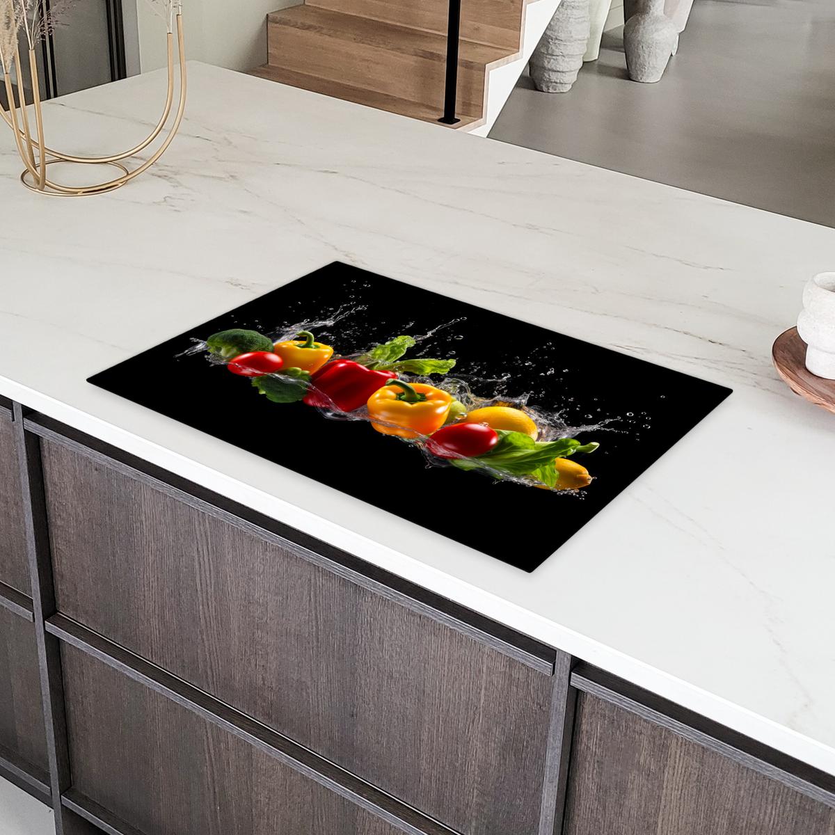 HERDABDECKPLATTE Paprika - Wasser - Gemüse - Schwarz Ceranfeldabdeckung 80x52 cm - Multicolor, Kunststoff (80/52/0.2cm) - MuchoWow