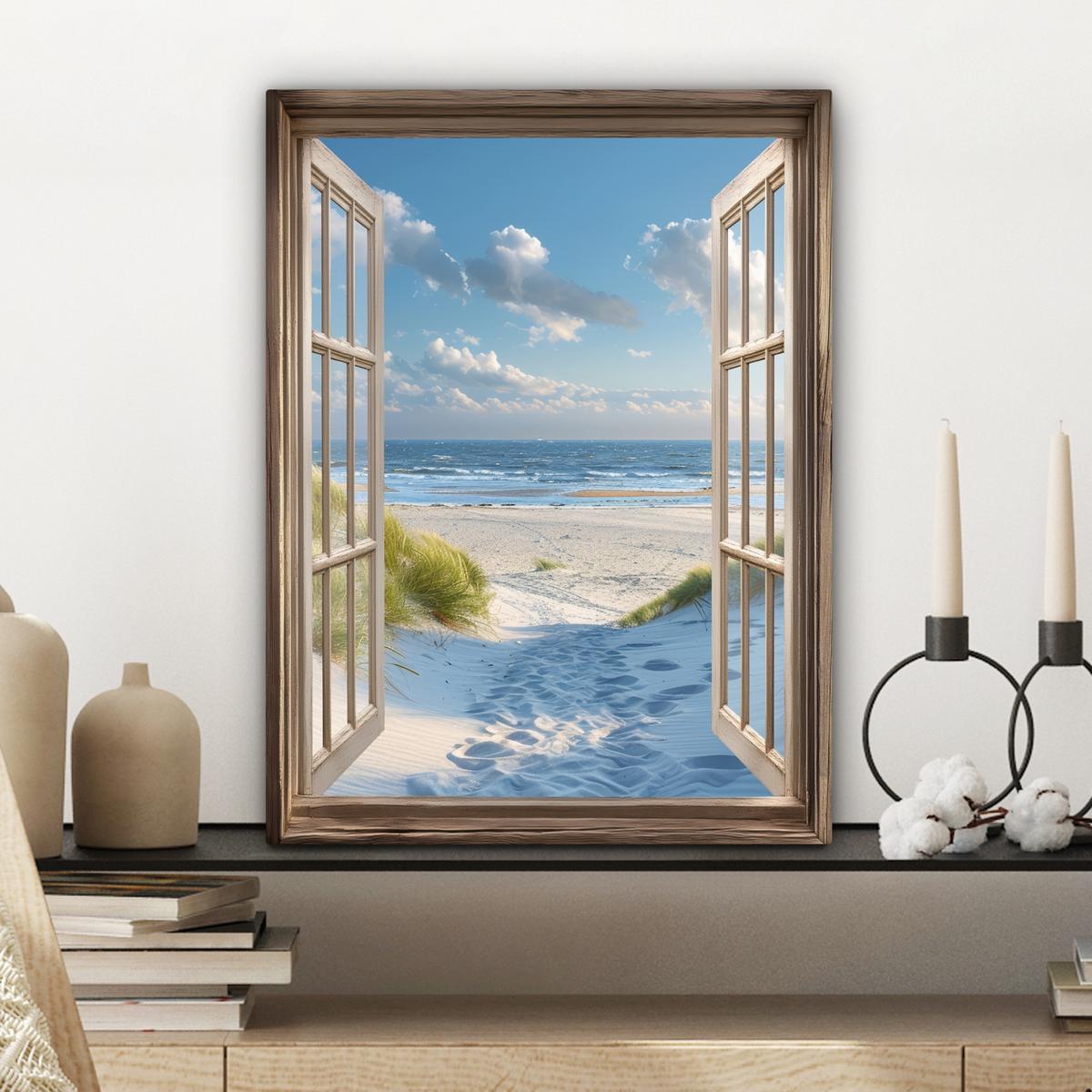 LEINWANDBILD Aussicht - Strand - Fenster - Dünen - Meer Room Decor 30x40 cm - Hellblau, Textil (30/40cm) - MuchoWow