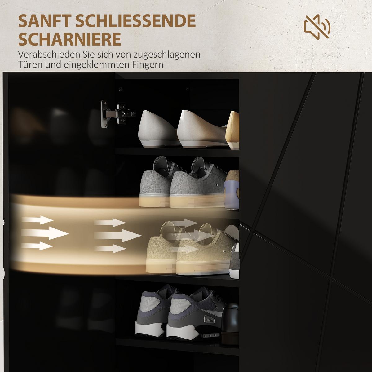 SCHUHSCHRANK mit 2 Türen, Schuhregal, Schuhaufbewahrung mit 3 Ablagen Schwarz - Schwarz Hochglanz/Goldfarben, Holzwerkstoff/Metall (31.5/95/72cm) - HOMCOM