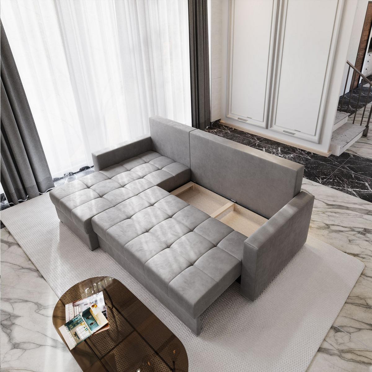 ECKSOFA KOS PIK M Creme Velours-Stoff mit Schlaffunktion - Creme/Grau, Holz/Kunststoff (220/140cm) - MASSENO