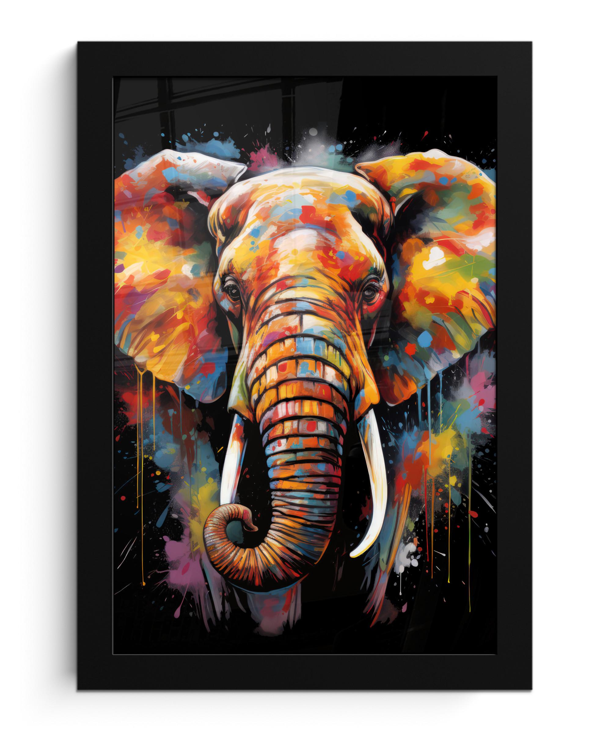 POSTER MIT RAHMEN Elefant - Graffiti - Schwarz - Tiere - Farben Poster 20x30 cm - Schwarz, Papier (20/30cm) - MuchoWow