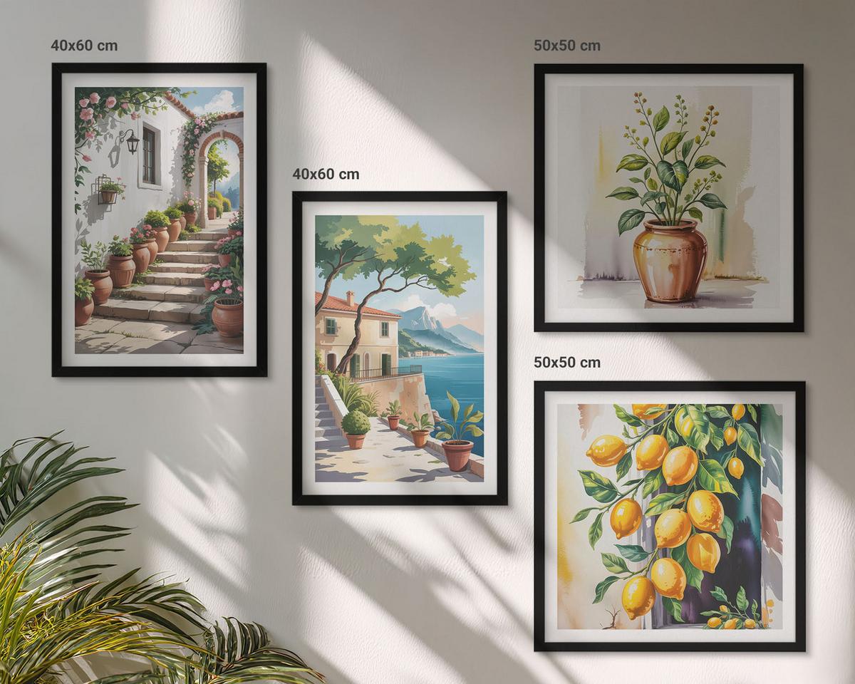 BILDER SET 4er Set - 50x50 cm & 40x60 cm Schwarzer Rahmen - Zitronenblüten am Meer - Schwarz, Kunststoff (50/50cm) - TULUP