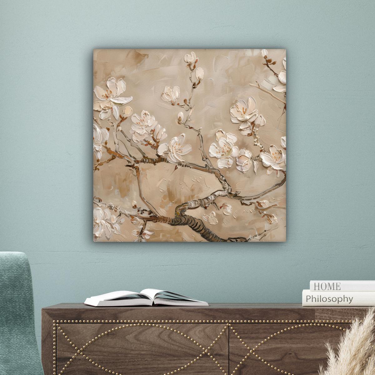 LEINWANDBILD Blumen - Modern - Beige - Weiß - Blüte Wandbild Wohnzimmer 50x50 cm - Beige, Textil (50/50cm) - MuchoWow