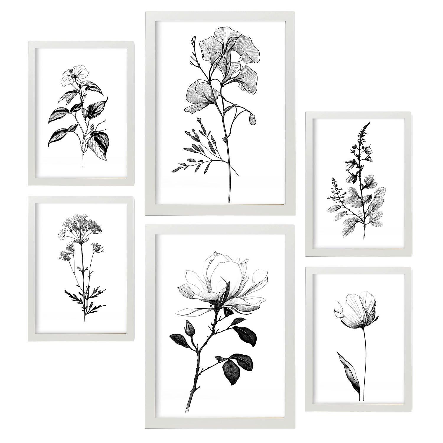 POSTER Set Mit 6 Üppige Blumen Natur Und Botanikdrucke Mit Blumenmotiven In Klassischem Schwarz Und Weiß Innenarchitektur A3 & A4 Weißer Rahmen - Weiß, Papier (29/3cm) - Nacnic