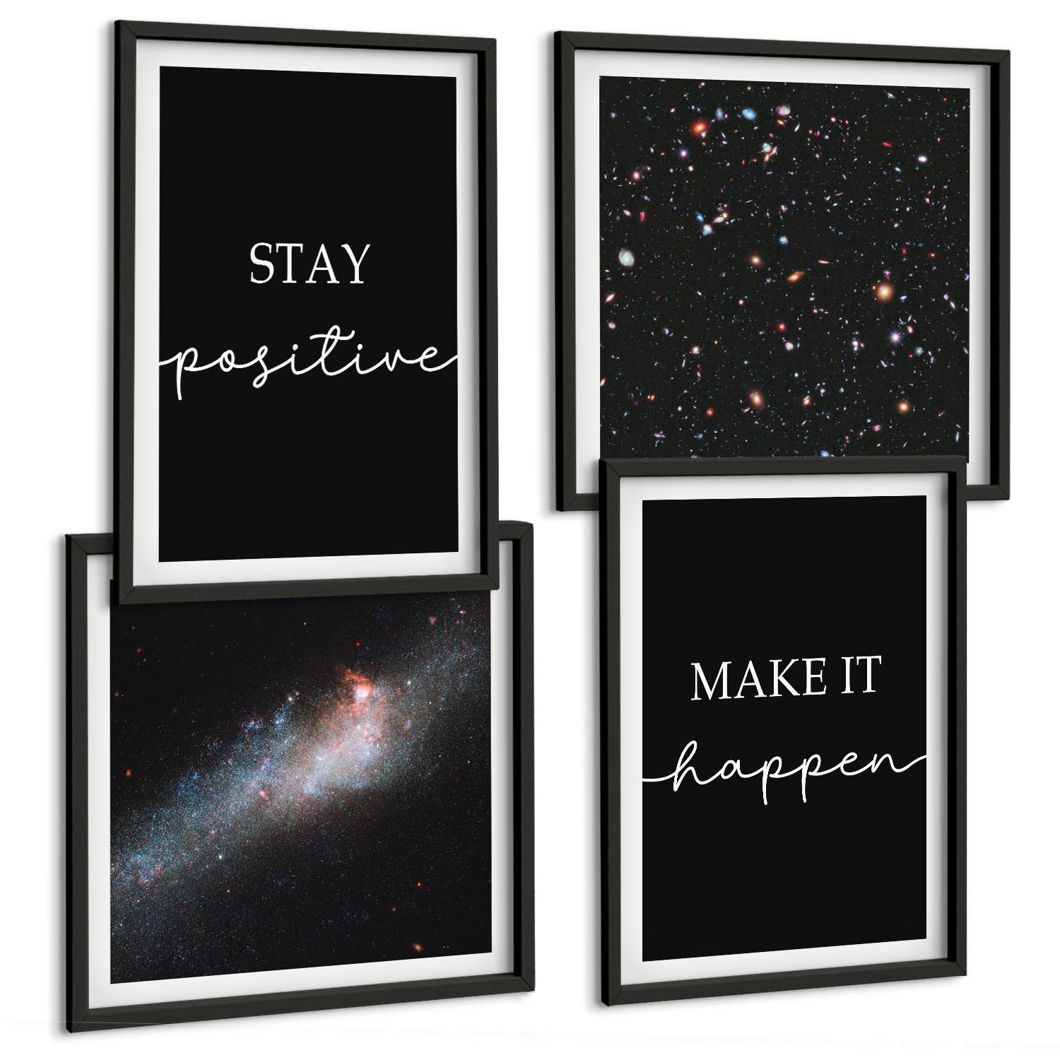 BILDER SET 4er Set - 50x50 cm & 40x60 cm Schwarzer Rahmen - Motivationsslogans Sterne Weltraum - Schwarz, Kunststoff (50/50cm) - TULUP