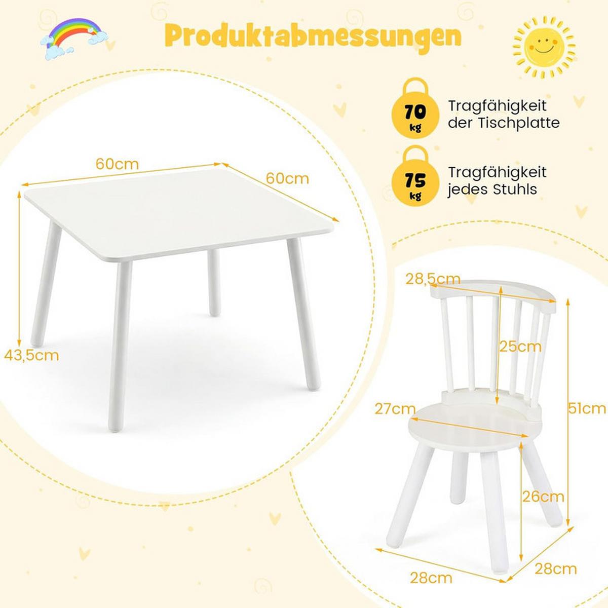 KINDERTISCH mit 2 Stühlen weiß(3-tlg) - Weiß, Holzwerkstoff (60/43.5/60cm) - COSTWAY
