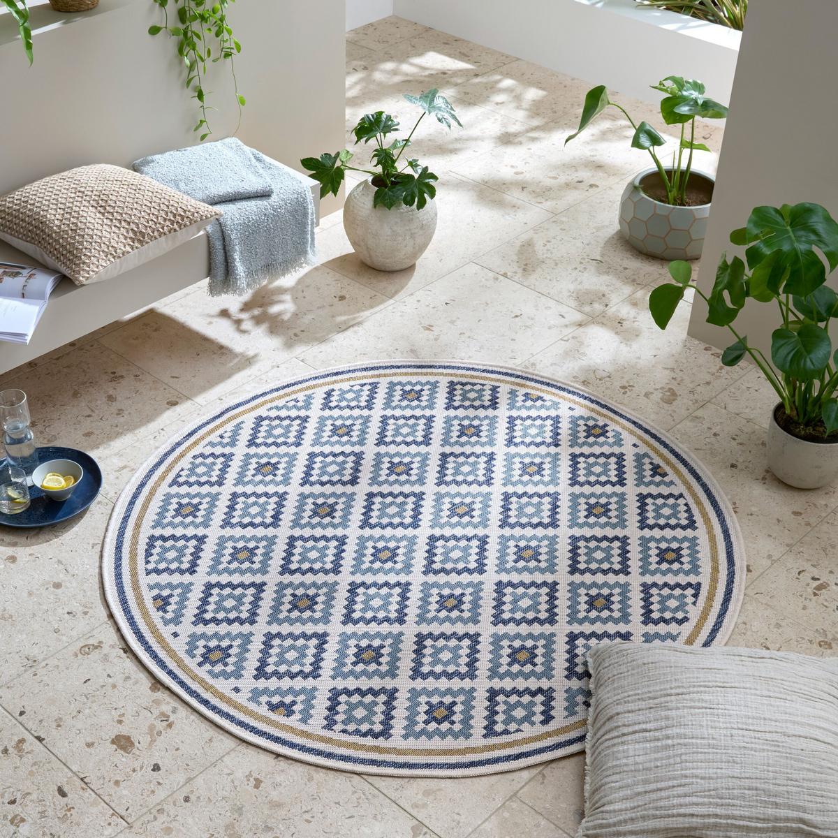 OUTDOORTEPPICH Waschbar FLEET, geometrisch, aus Polypropylen, Blau-Gelb, Ø 160 cm - Blau, Textil (160/160cm) - KADIMA DESIGN