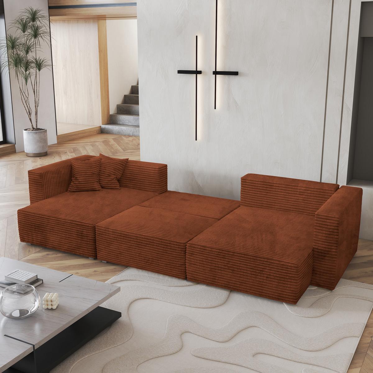 WOHNLANDSCHAFT SARMO Braun Kordstoff mit Schlaffunktion - Braun/Grau, Holz/Kunststoff (347/90/148cm) - MASSENO