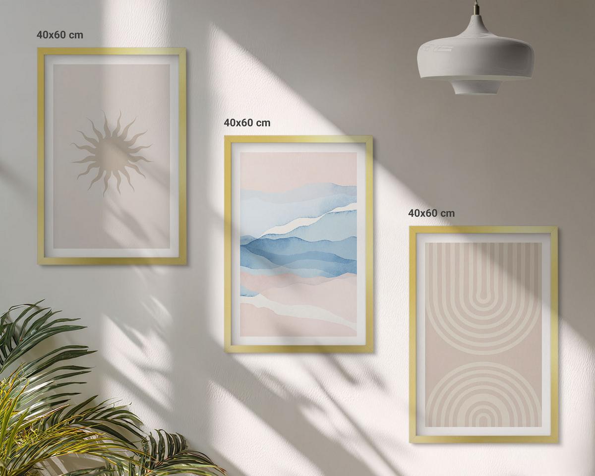 BILDER SET 3er Set - 40x60 cm Goldrahmen - Sonnenwellen abstrakte Linien Pastell - Goldfarben, Kunststoff (40/60cm) - TULUP