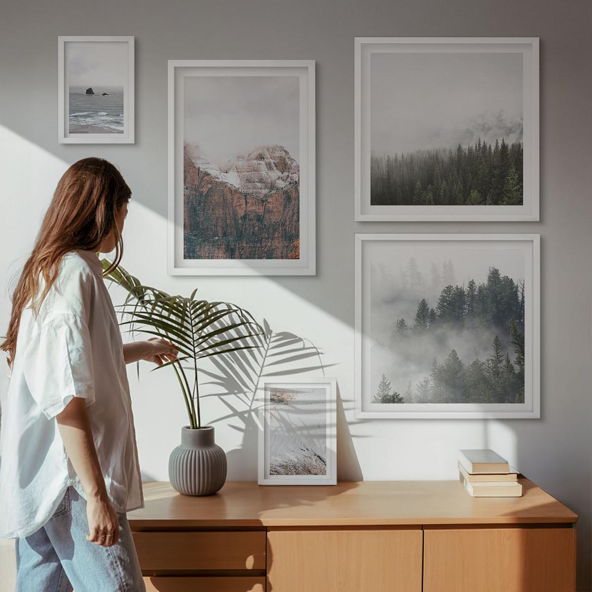 BILDER SET 5er Set - 50x50 cm & 20x30 cm & 40x60 cm Weißer Rahmen - Abstrakte Wellen, graue Pastellfarben - Weiß, Kunststoff (40/60cm) - TULUP