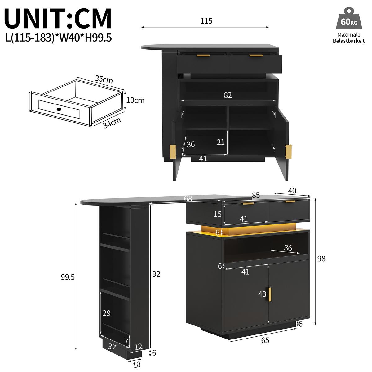 BARTISCH mit küchenbuffet in schwarz, 360° drehbar & led-beleuchtung - Schwarz, Holzwerkstoff (40/183/90cm) - Urban Meuble