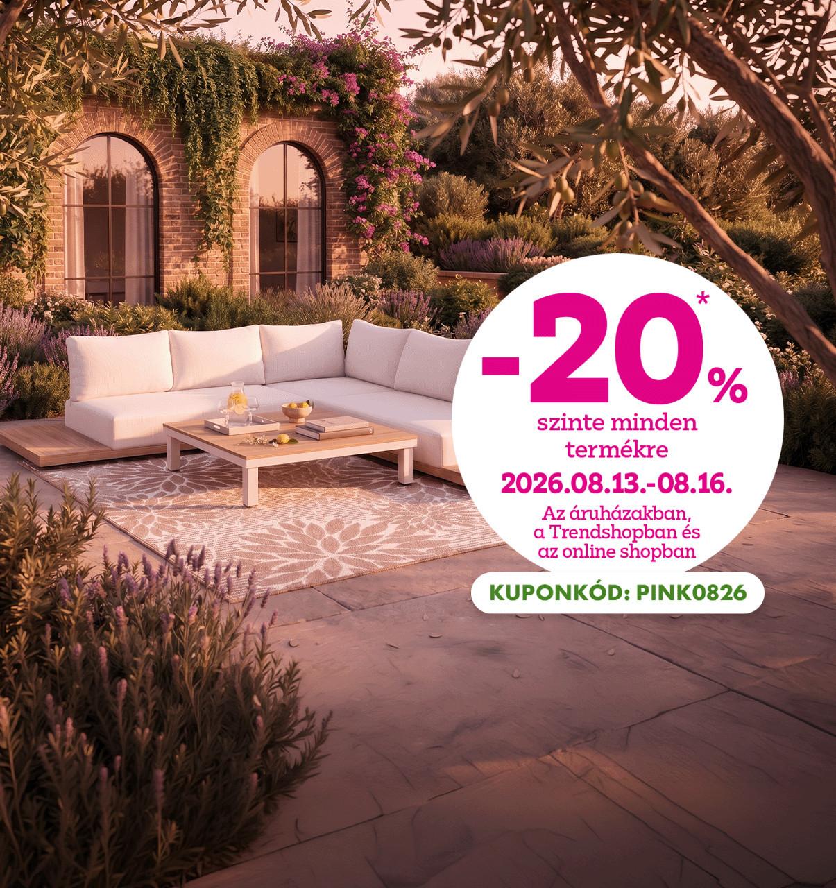 Pink Weekend: -20% szinte minden termékre 2026.08.13-08.16. között az áruházakban a Trendhsopban és az online shopban! Online vásárlásnál használd a PINK0826 kuponkódot a kedvezményhez!