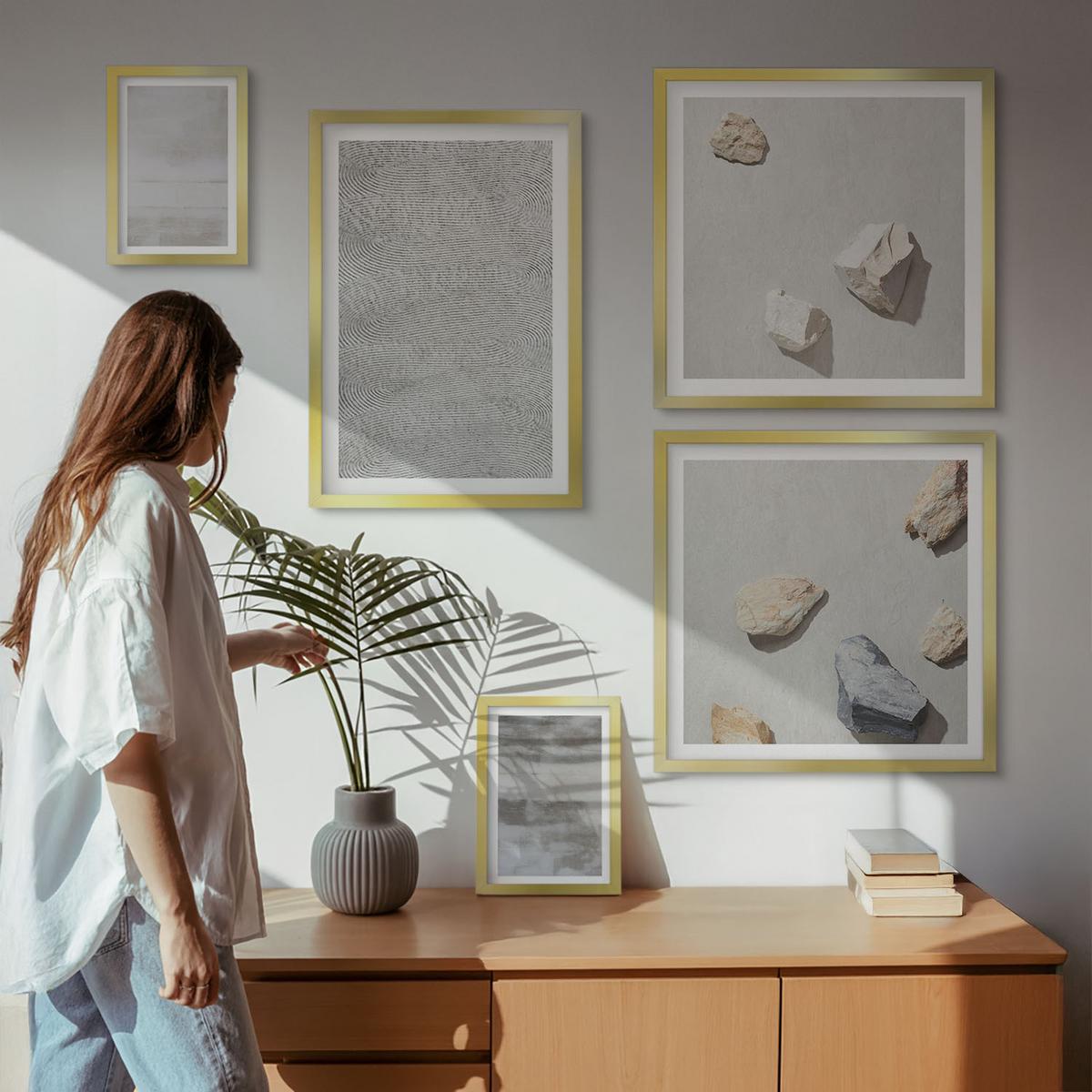 BILDER SET 5er Set - 50x50 cm & 20x30 cm & 40x60 cm Goldrahmen - Moderne minimalistische Texturen - Goldfarben, Kunststoff (40/60cm) - TULUP