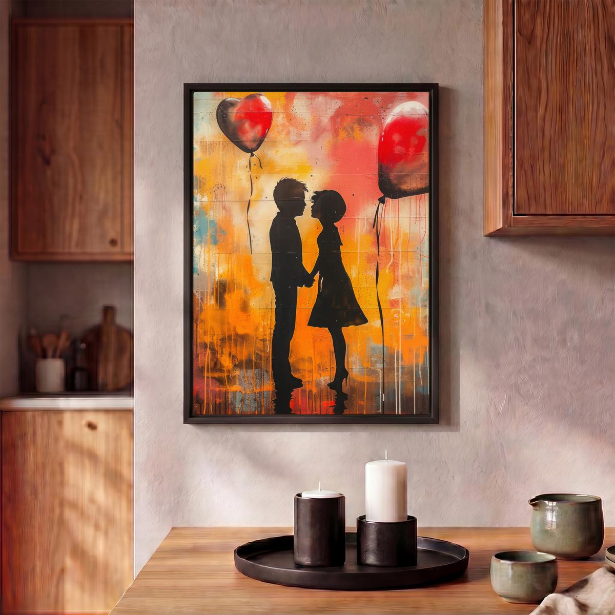 LEINWAND Bilder mit Rahmen - Straßenkunst - Liebe - Graffiti - Kunst - Banksy - 30x40 - Orange, Textil (30/40cm) - MuchoWow