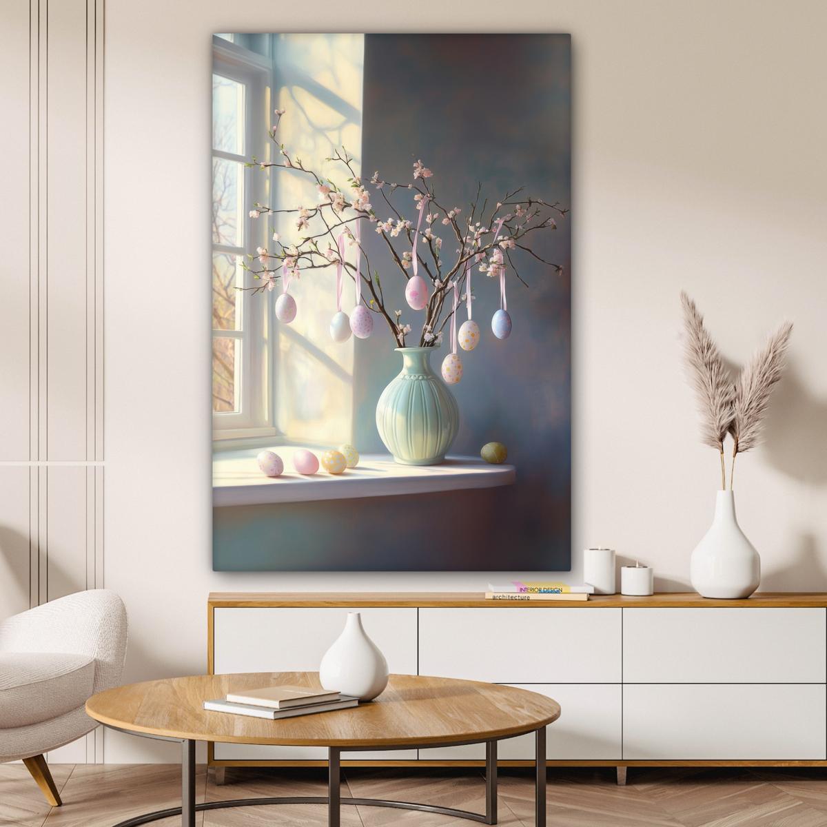 LEINWANDBILD Stillleben - Vase - Osterzweig Deko XXL 80x120 cm - Hellblau, Textil (80/120cm) - MuchoWow